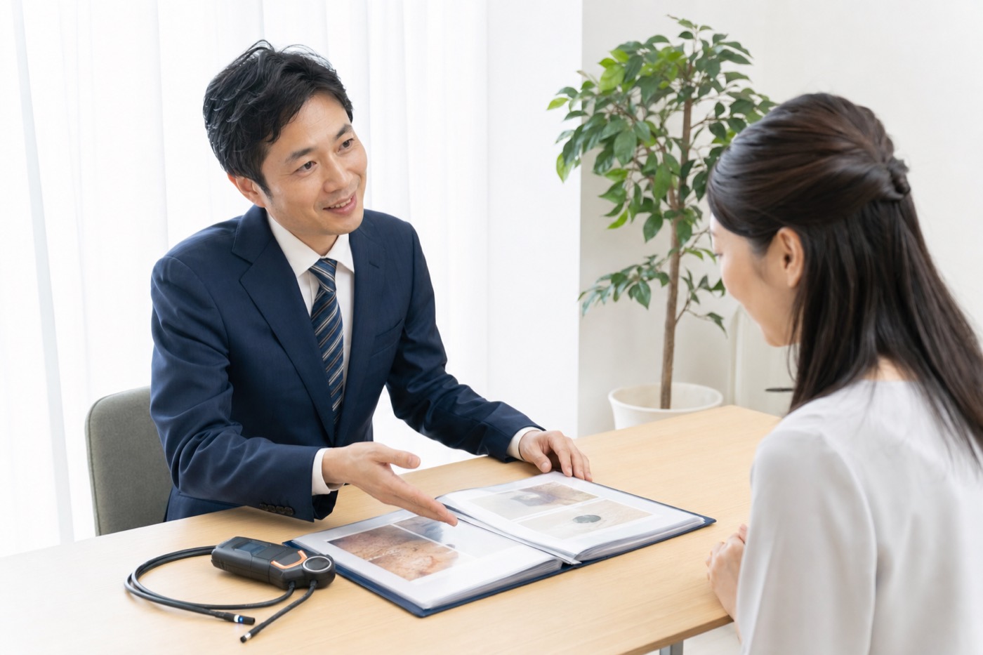 専門スタッフがお客様に盗聴器調査の内容を丁寧に説明する様子