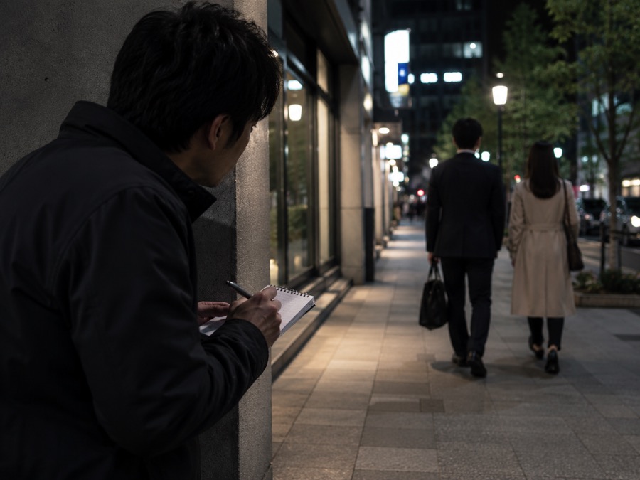夜間に対象者を確認する調査員